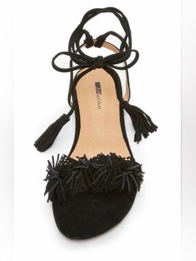 Matiko Delilah Fringe Flat Sandals in Suede Black